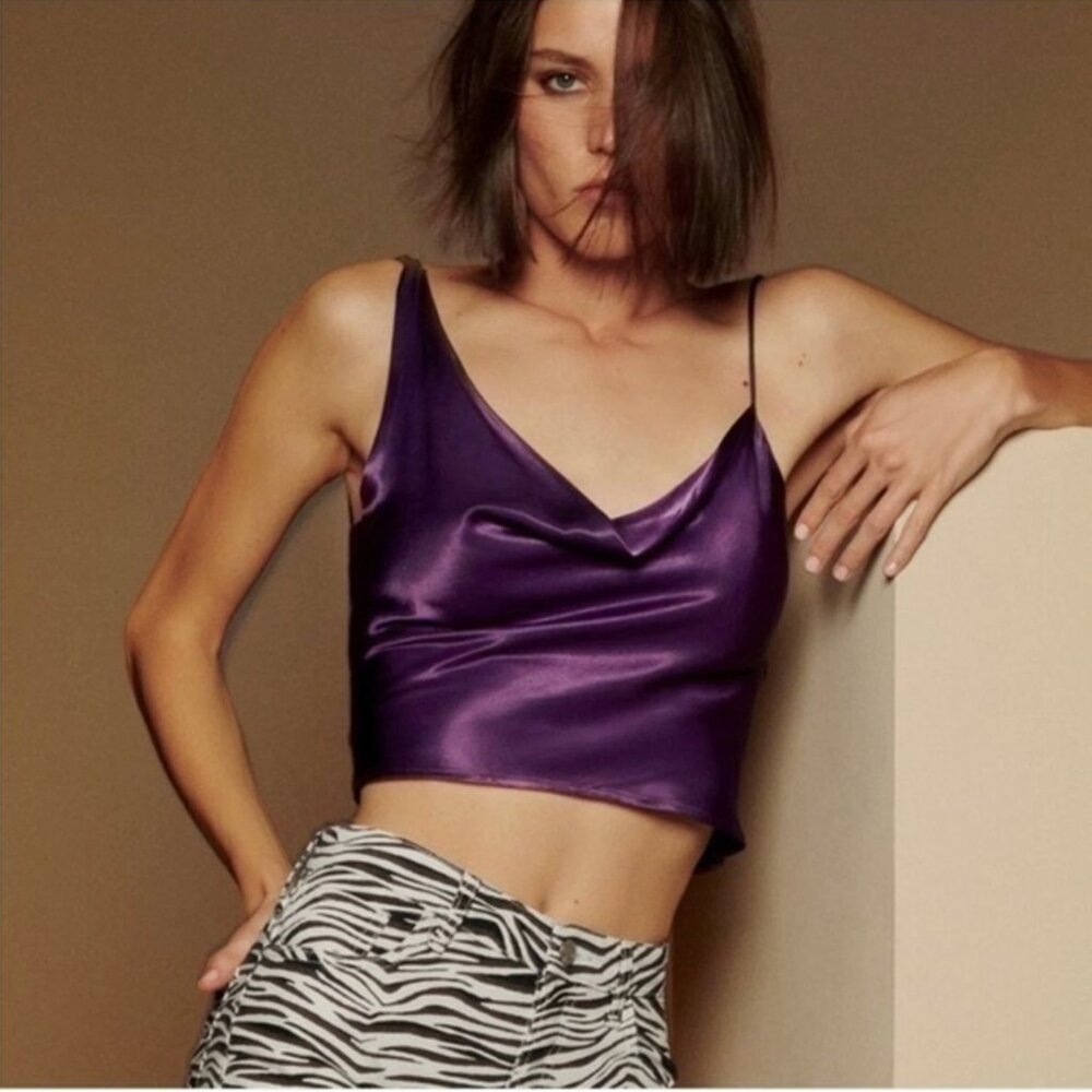 Zara Satin Asymmetrical Crop Top – Brand New with Tags NWT – Size S 💜 - Picture 2 of 12